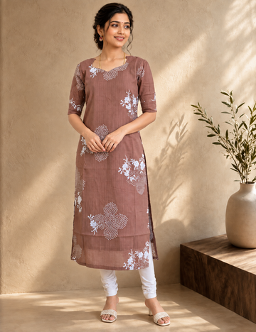 Dusty Rose Floral Printed Straight Kurti