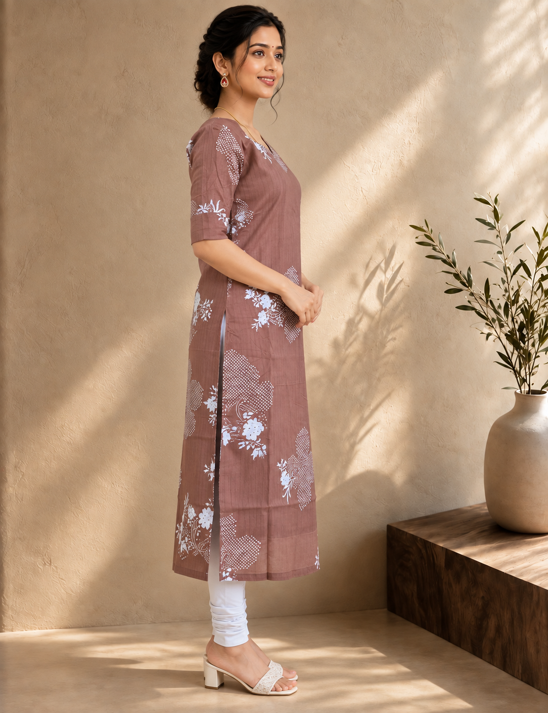 Dusty Rose Floral Printed Straight Kurti