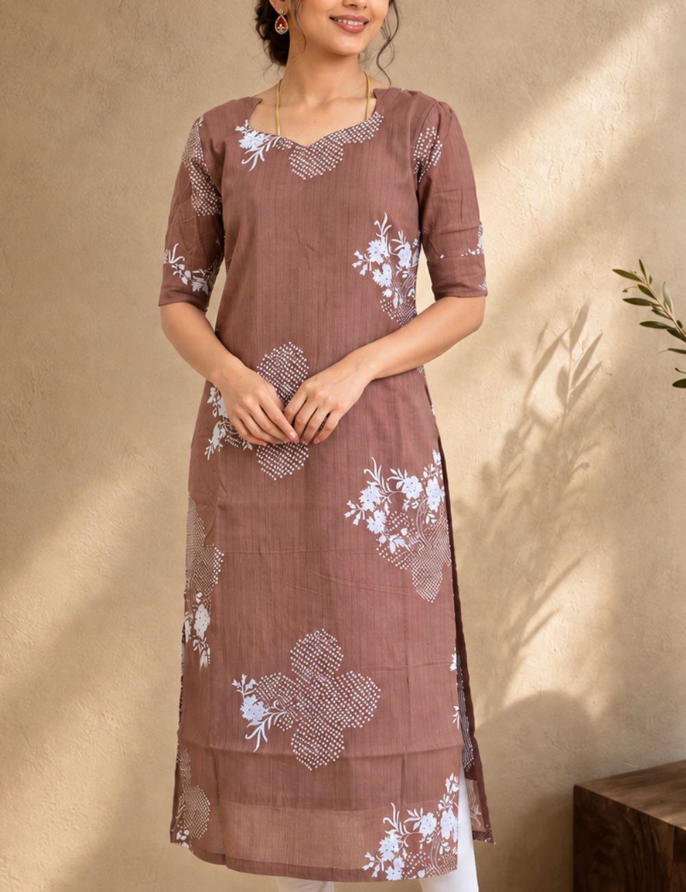 Dusty Rose Floral Printed Straight Kurti