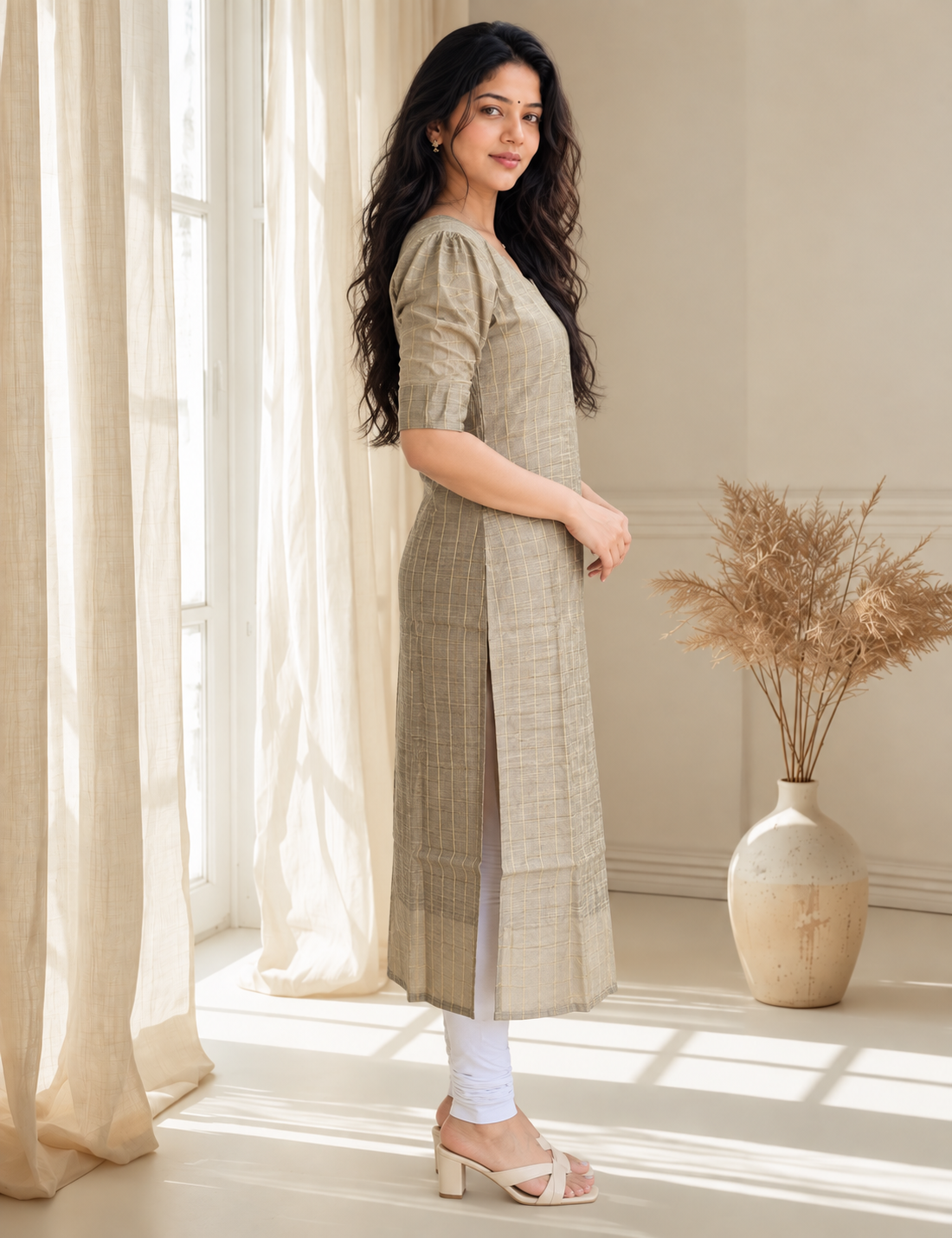 Elegant Sage Green Checkered Straight Kurti