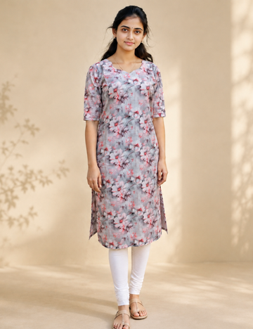 Pastel Floral Printed Straight Kurti – Soft Pink & Powder Blue