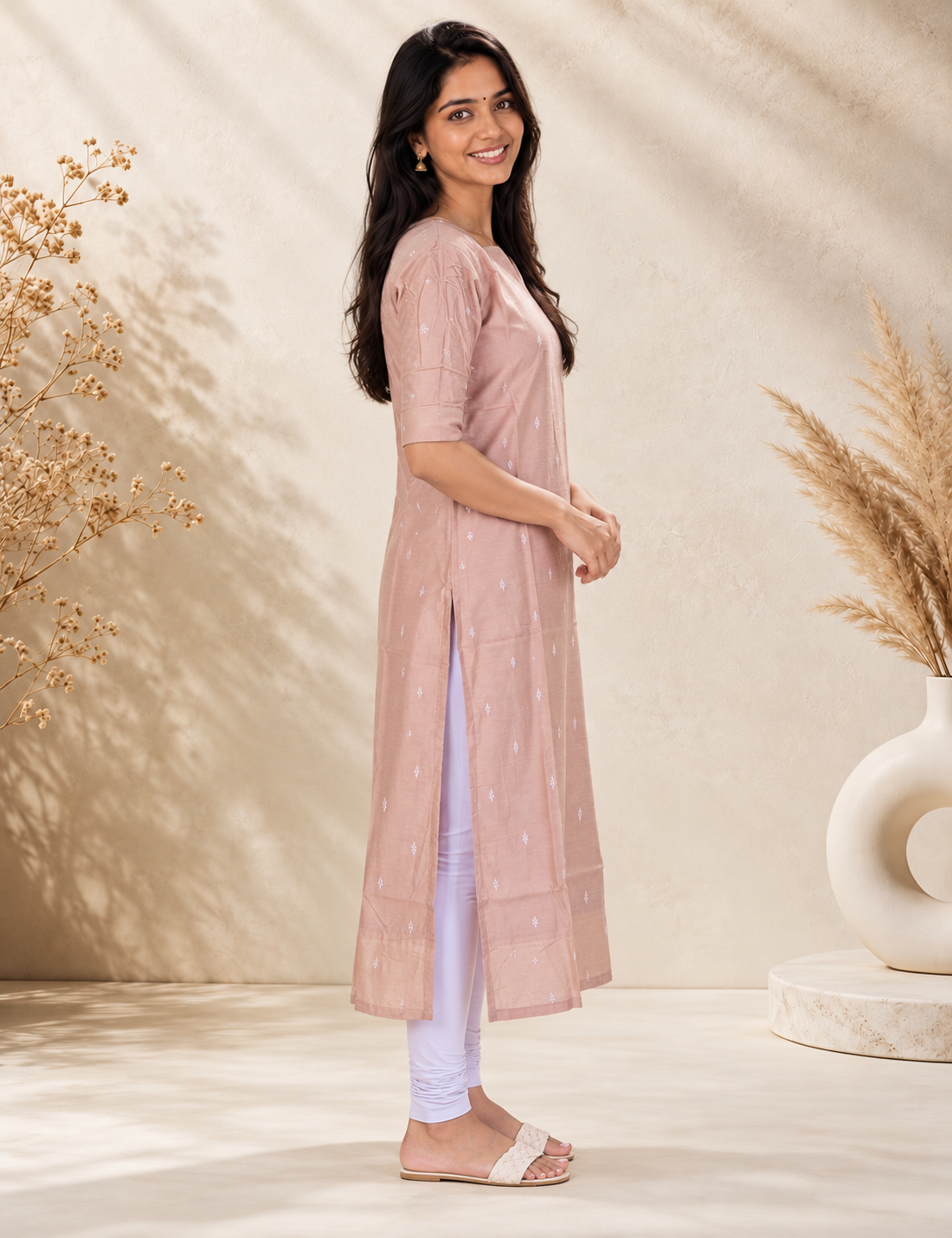 Blush Pink Silver Buti Woven Kurti