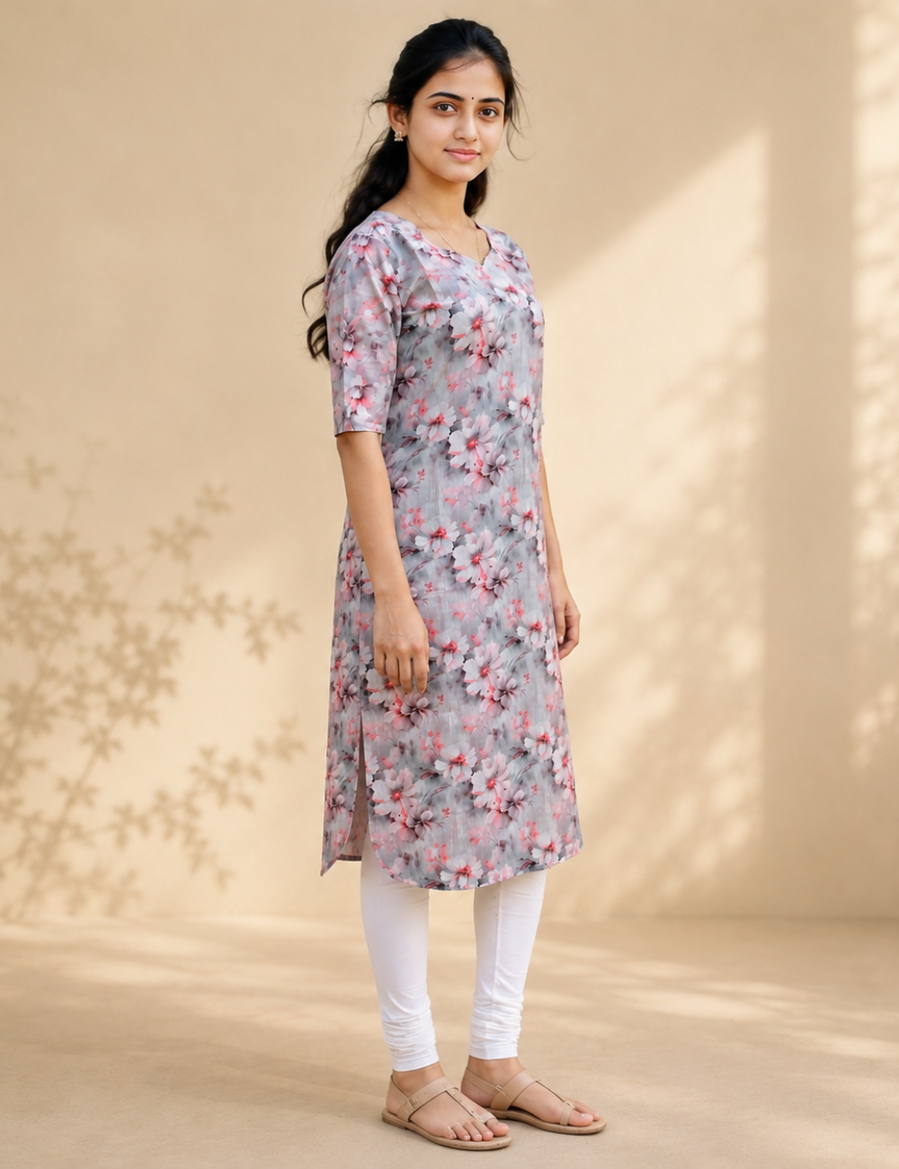 Pastel Floral Printed Straight Kurti – Soft Pink & Powder Blue