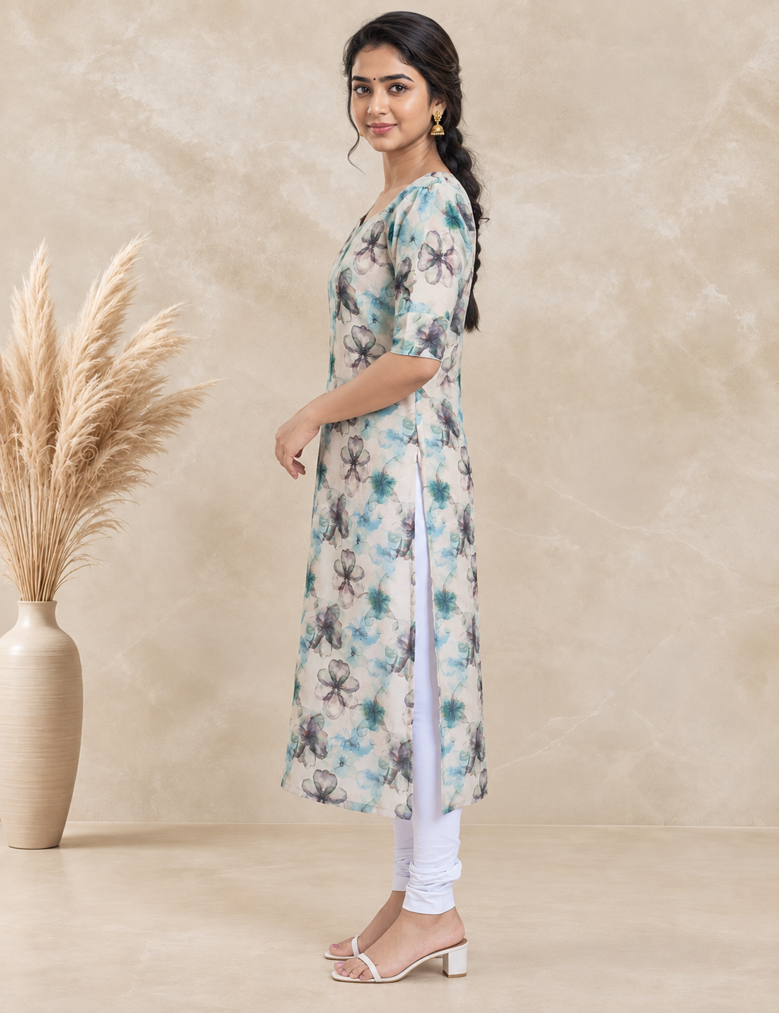 Pastel Floral Print Sheer Kurti – Aqua & Lavender