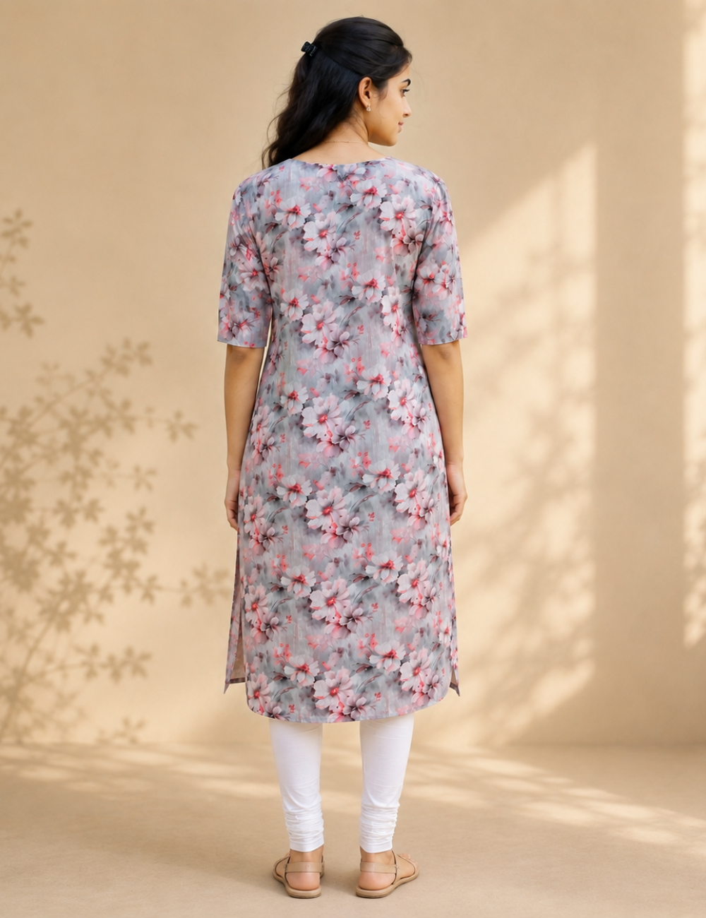 Pastel Floral Printed Straight Kurti – Soft Pink & Powder Blue