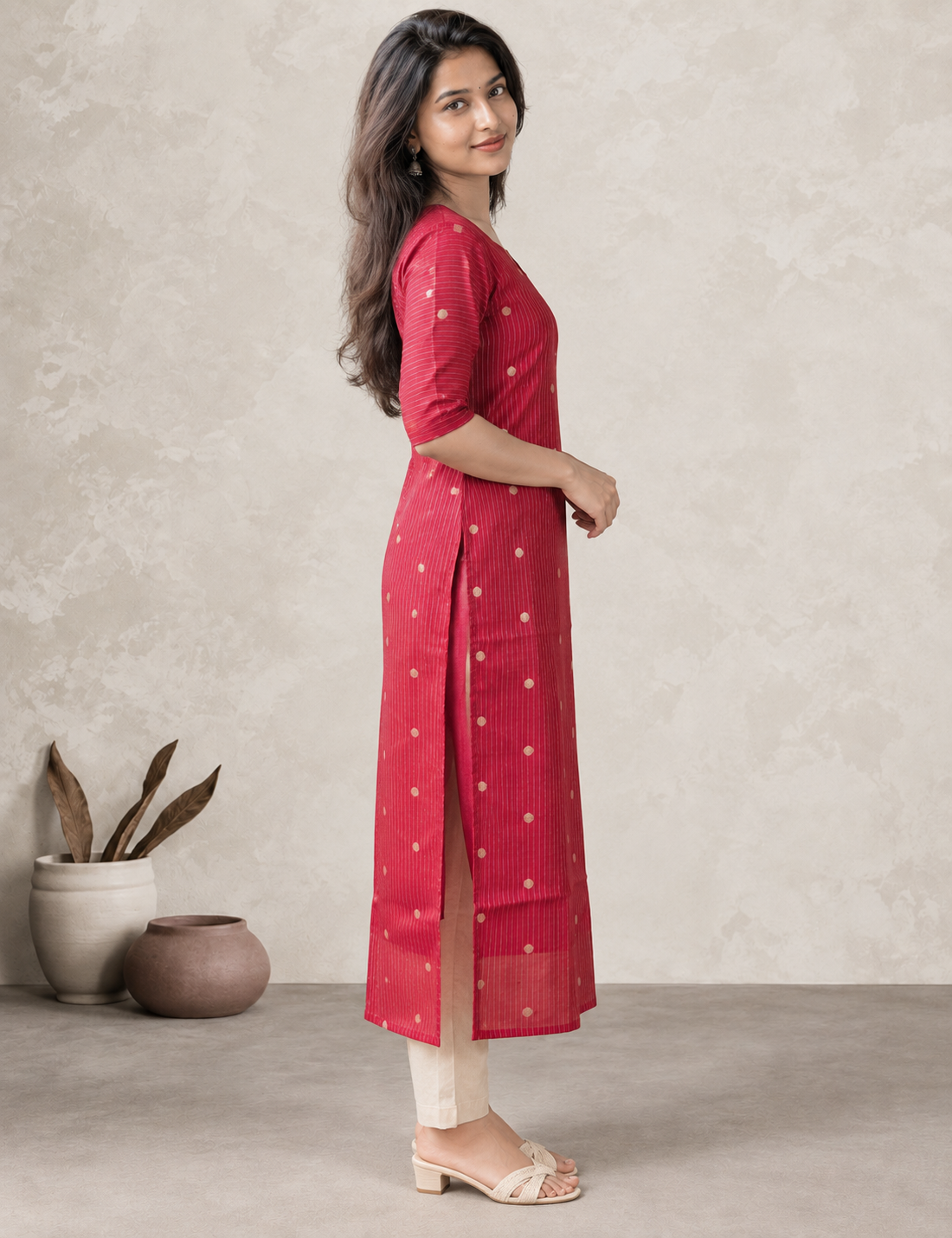 Berry Pink Gold-Dot Striped Straight Kurti