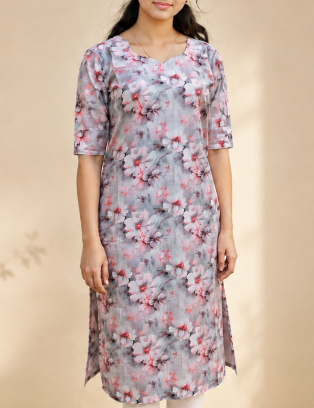 Pastel Floral Printed Straight Kurti – Soft Pink & Powder Blue
