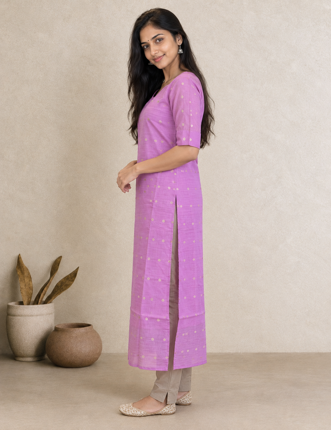 Lavender Pink Golden Butti Cotton Kurti