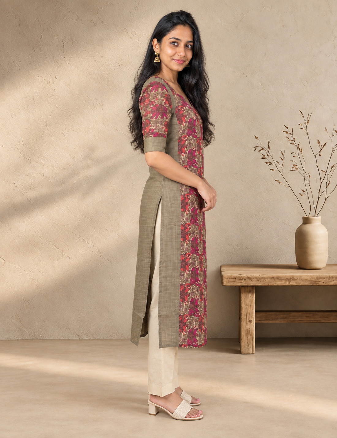 Maroon & Beige Printed Straight Kurta with Contrast Side Panels