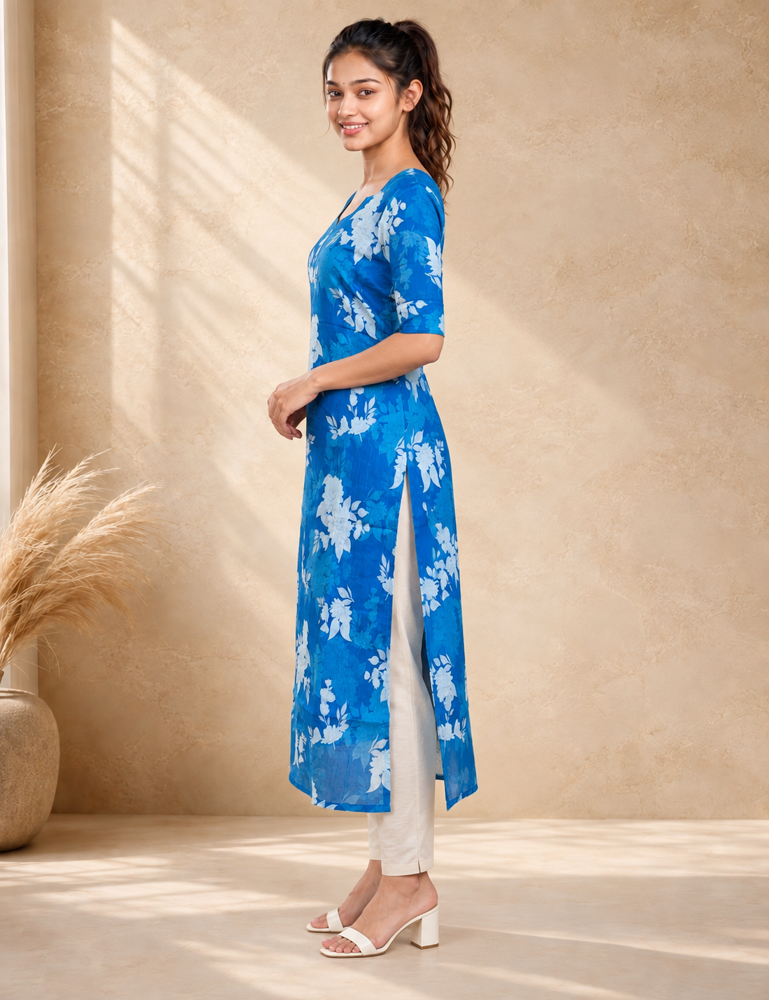 Royal Blue Floral Printed Straight Kurti