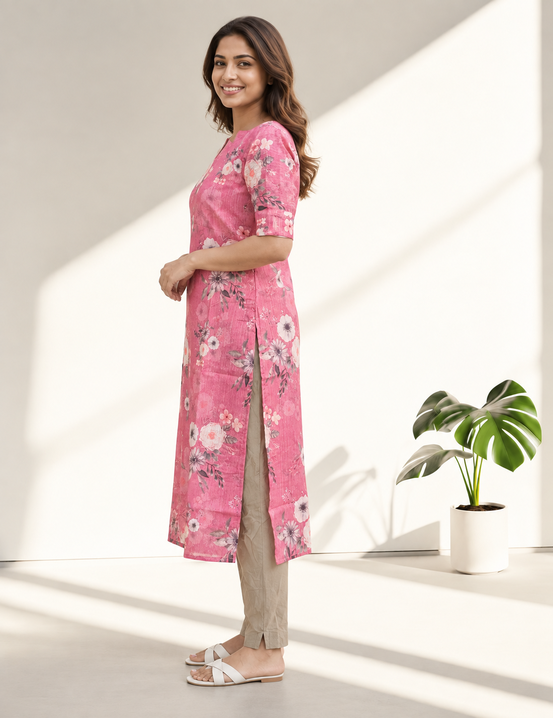 Blush Pink Floral Printed Straight Kurti