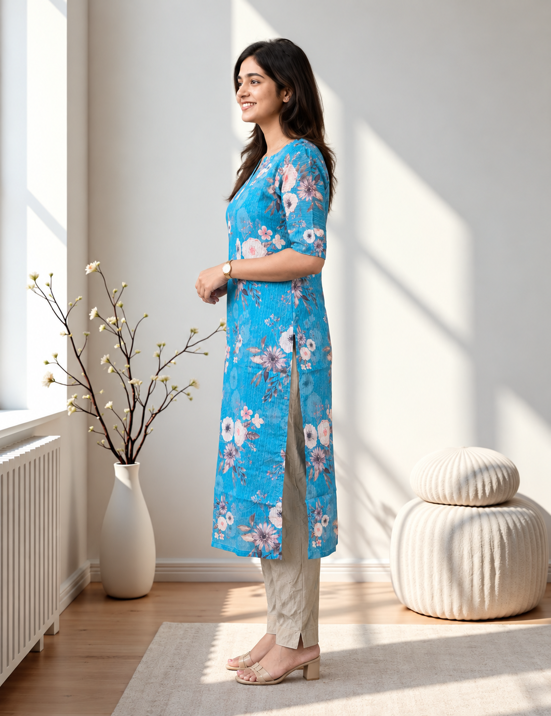 Floral Blue Straight Kurti