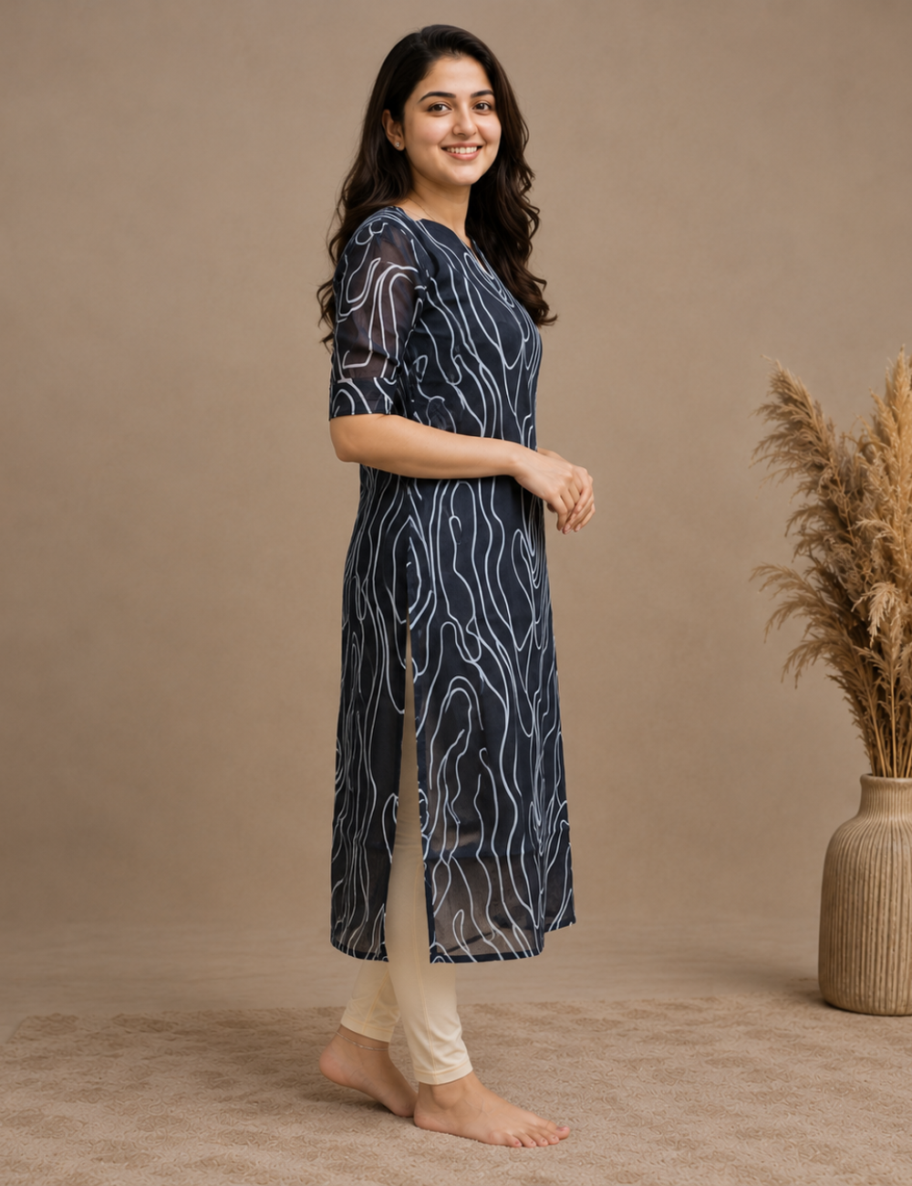 Midnight Black Abstract Wave Printed Straight Kurti