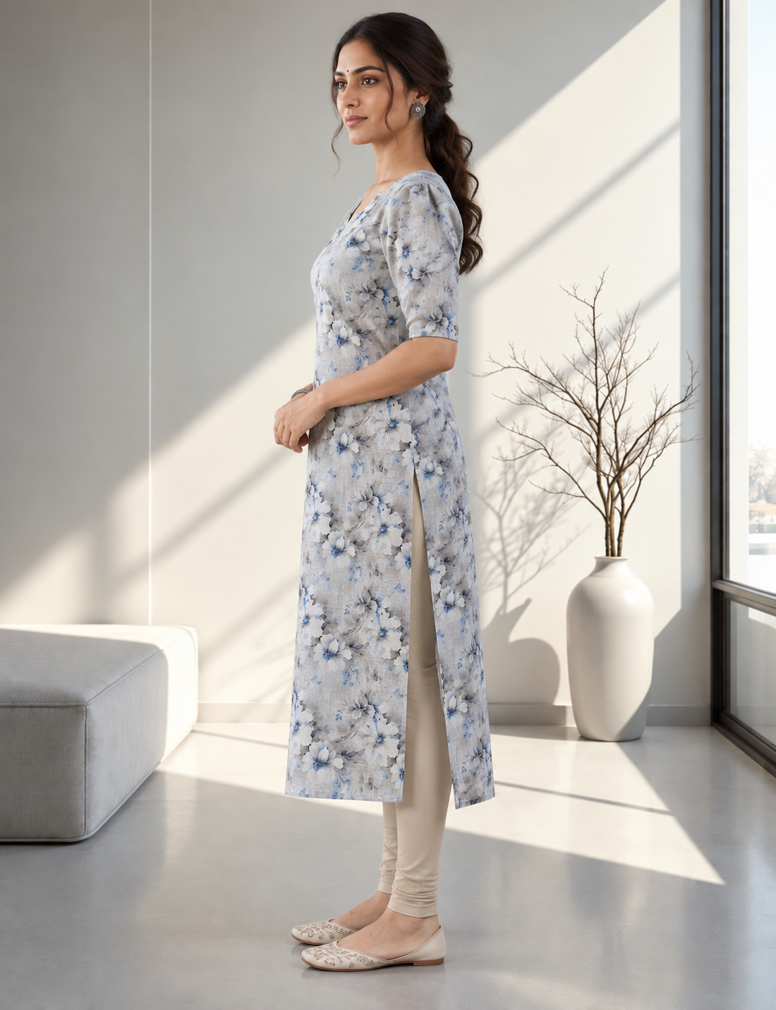 Elegant Blue Floral Printed Straight Kurti – Tissue Silk Cotton Kurta