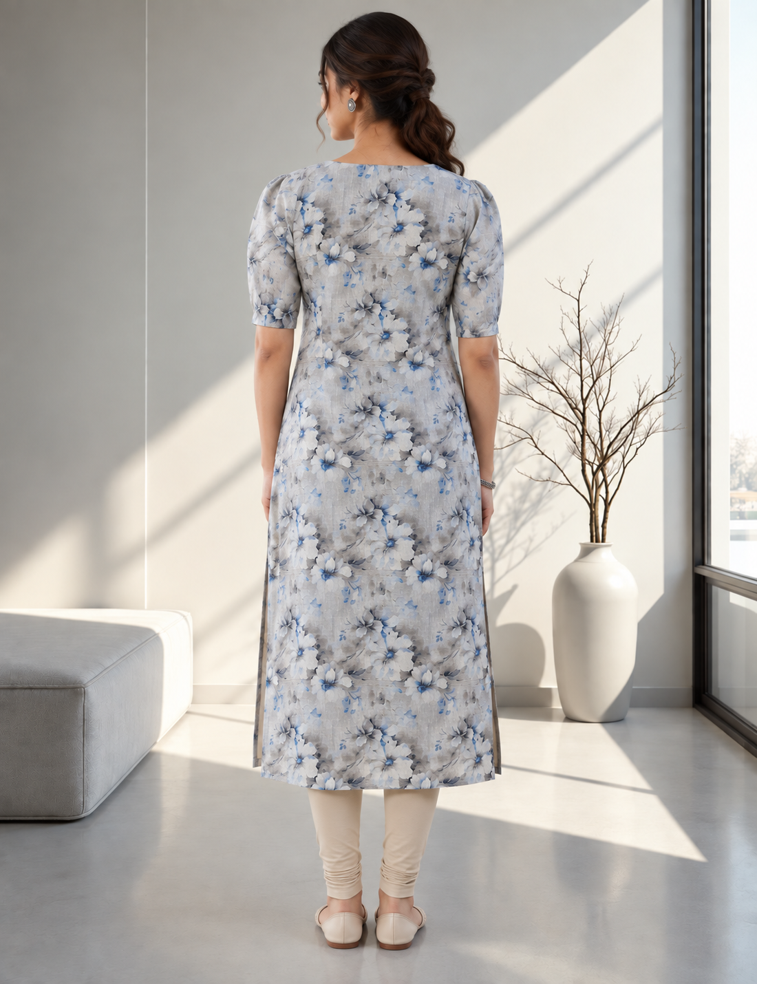 Elegant Blue Floral Printed Straight Kurti – Tissue Silk Cotton Kurta