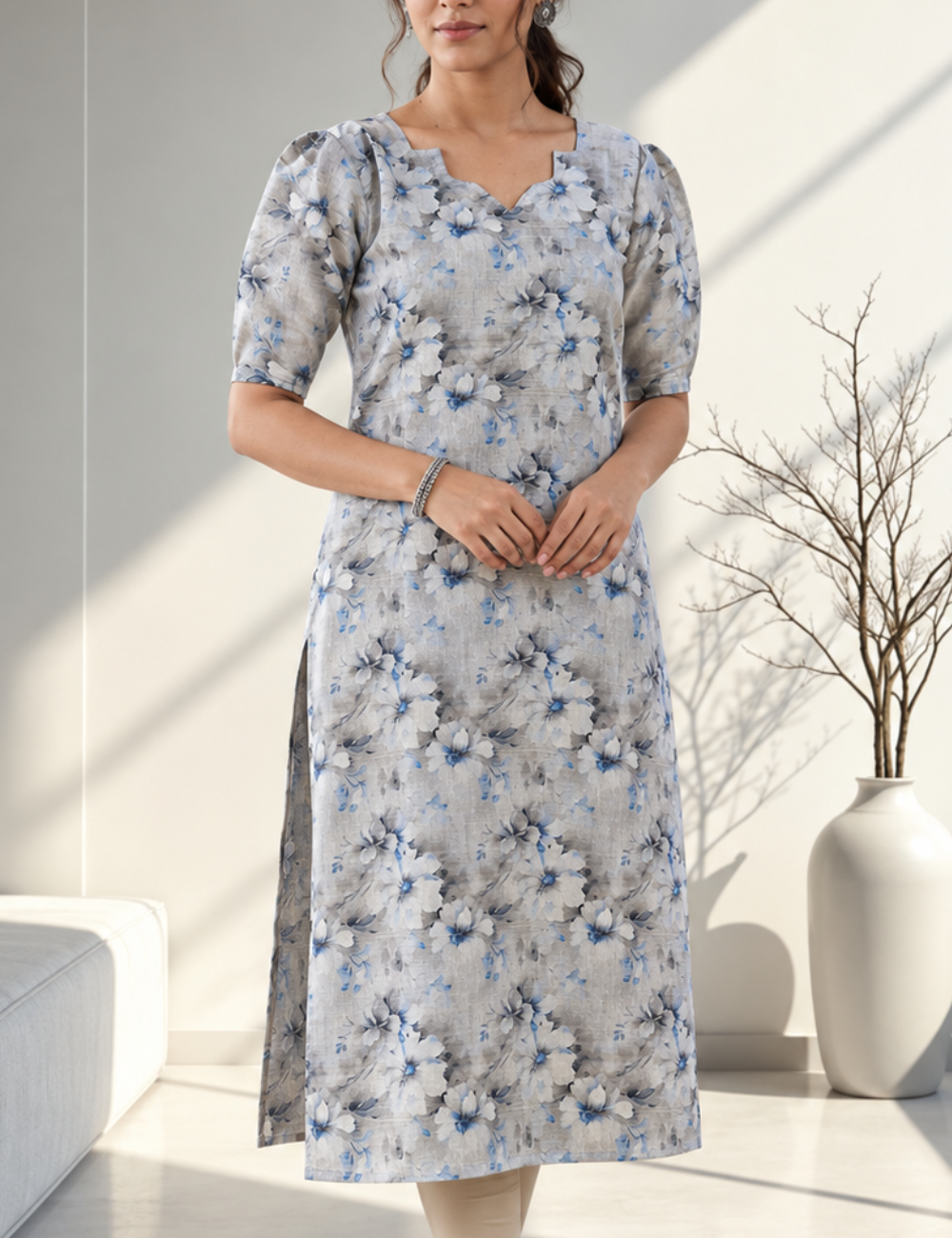 Elegant Blue Floral Printed Straight Kurti – Tissue Silk Cotton Kurta