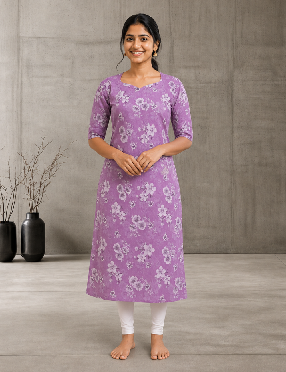 Lavender Floral Printed Straight Kurti