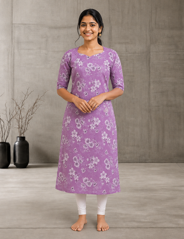 Lavender Floral Printed Straight Kurti