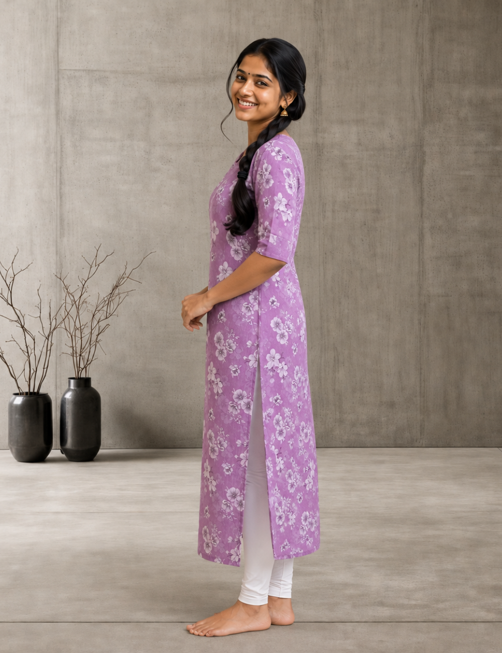 Lavender Floral Printed Straight Kurti