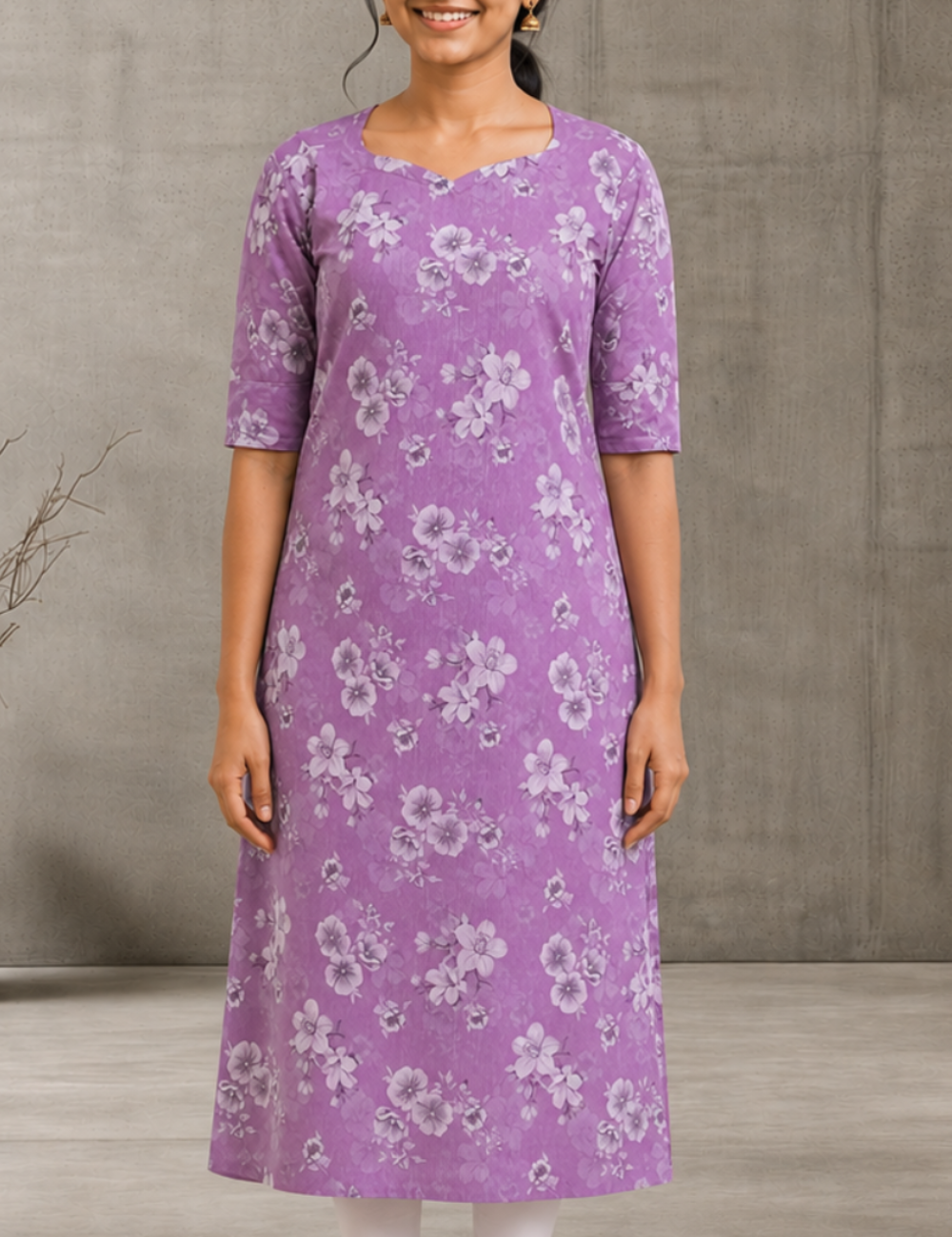 Lavender Floral Printed Straight Kurti