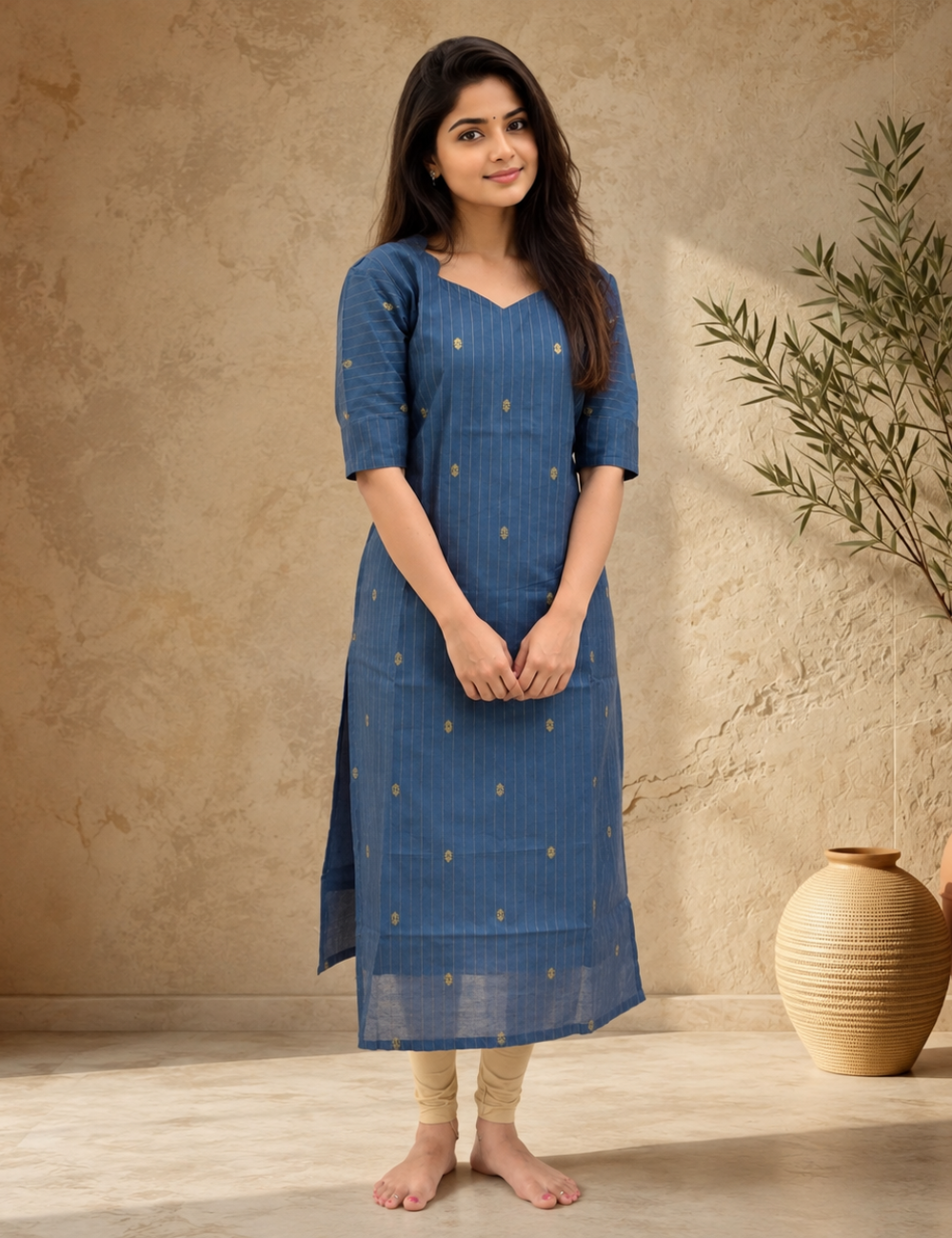 Indigo Blue Woven Stripe Kurti with Golden Motifs