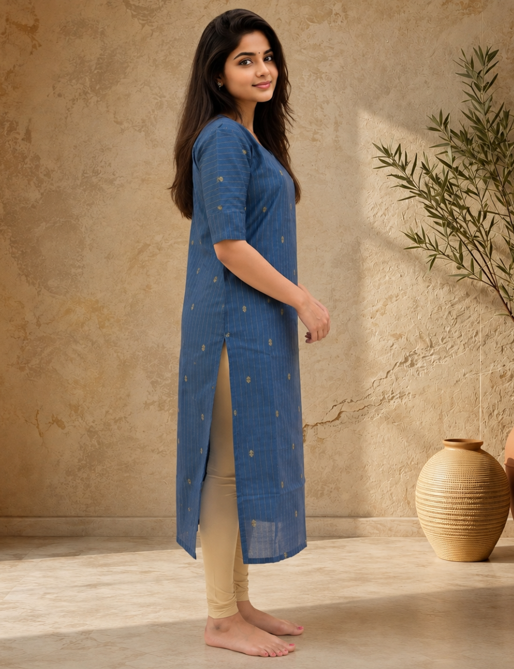 Indigo Blue Woven Stripe Kurti with Golden Motifs