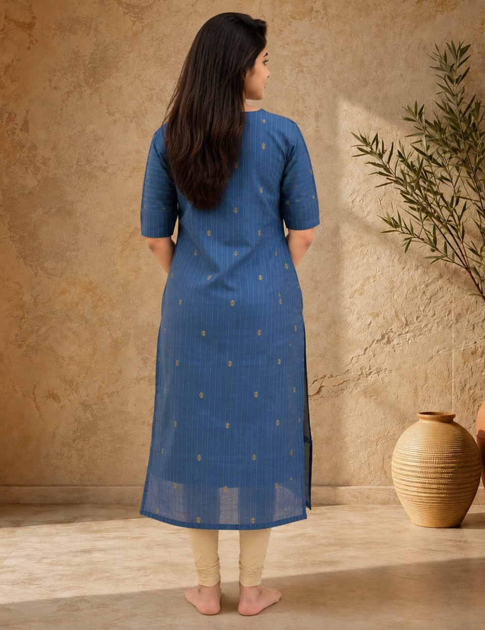 Indigo Blue Woven Stripe Kurti with Golden Motifs