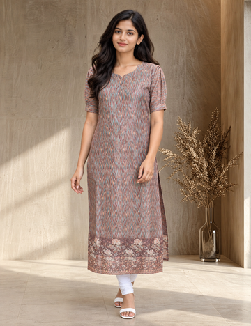 Women’s Ikat Printed Straight Kurta – Dusty Maroon Geometric Print with Floral Border