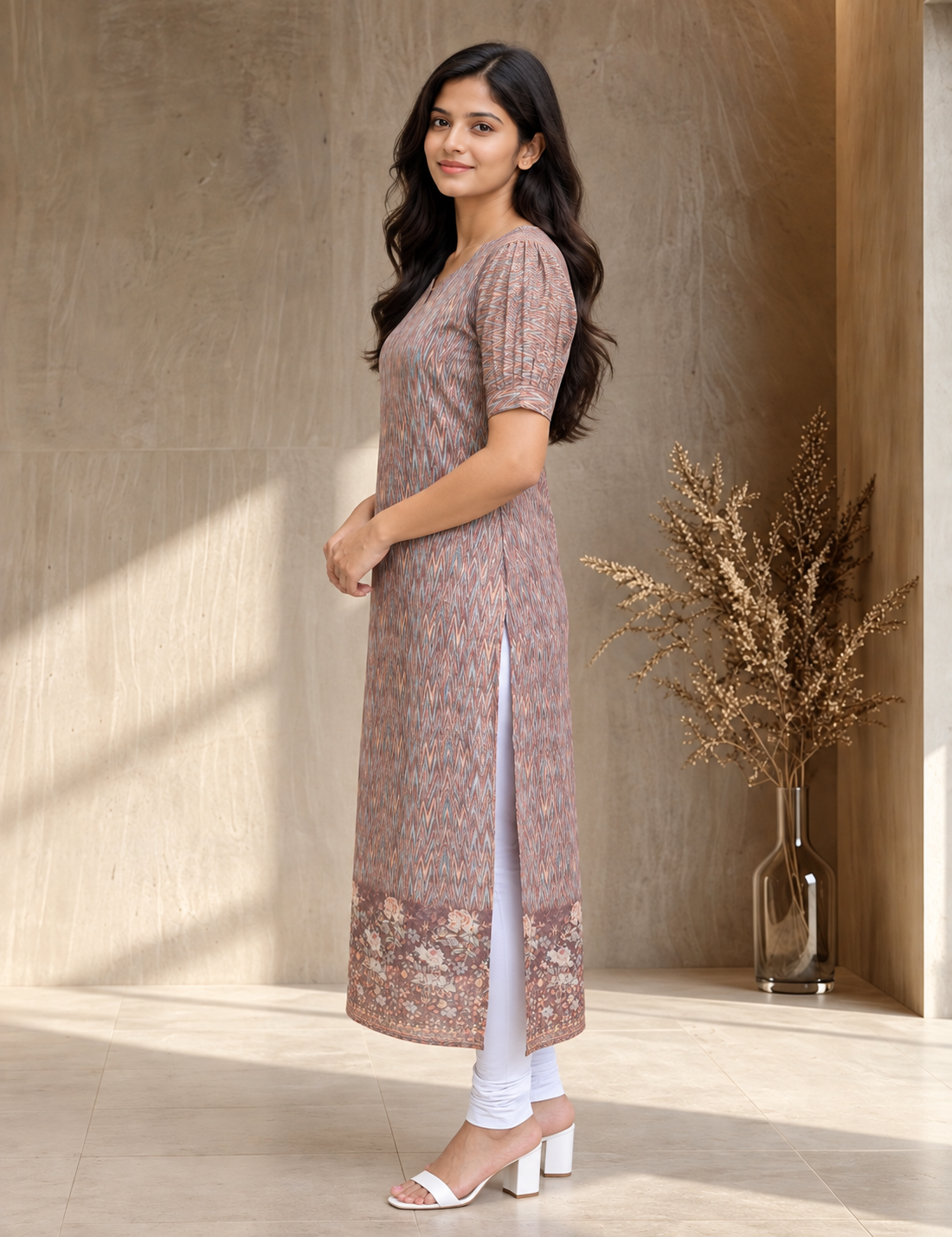 Women’s Ikat Printed Straight Kurta – Dusty Maroon Geometric Print with Floral Border