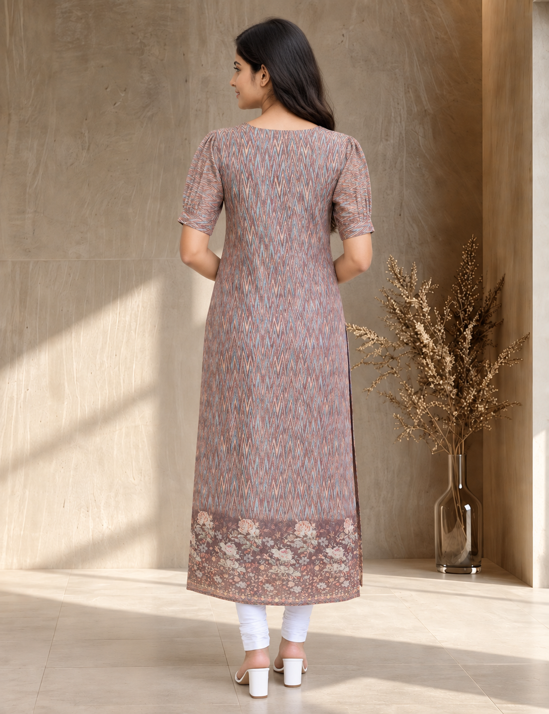 Women’s Ikat Printed Straight Kurta – Dusty Maroon Geometric Print with Floral Border