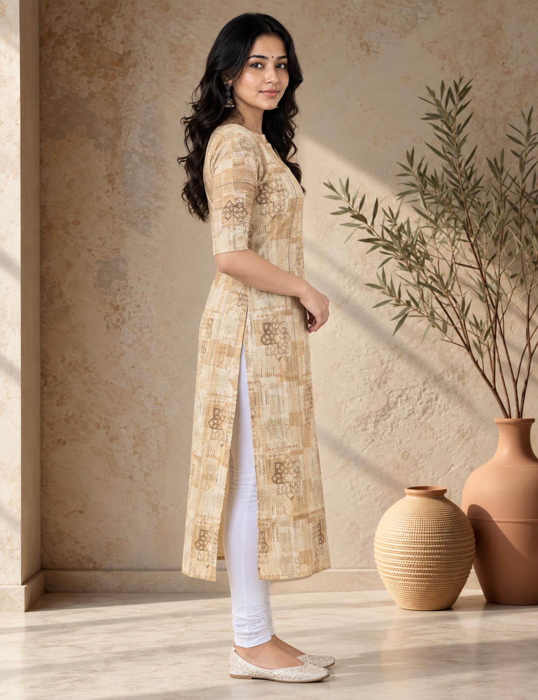 Beige & Brown Abstract Printed Straight Kurti
