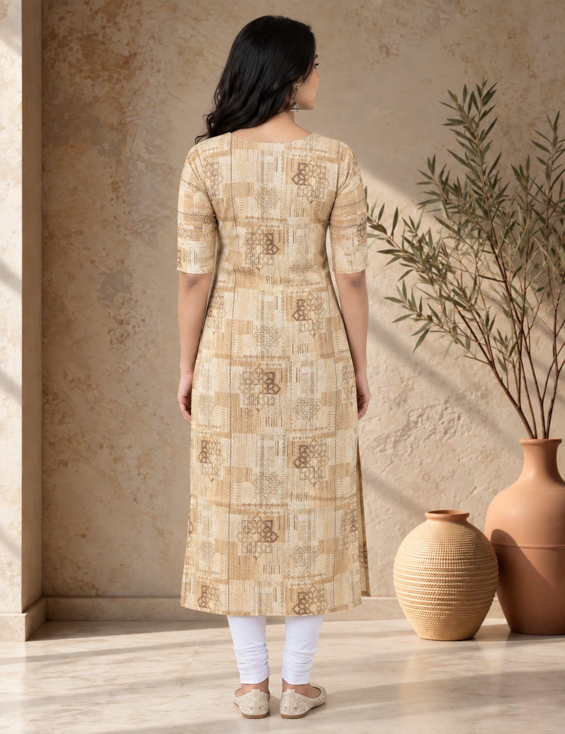 Beige & Brown Abstract Printed Straight Kurti
