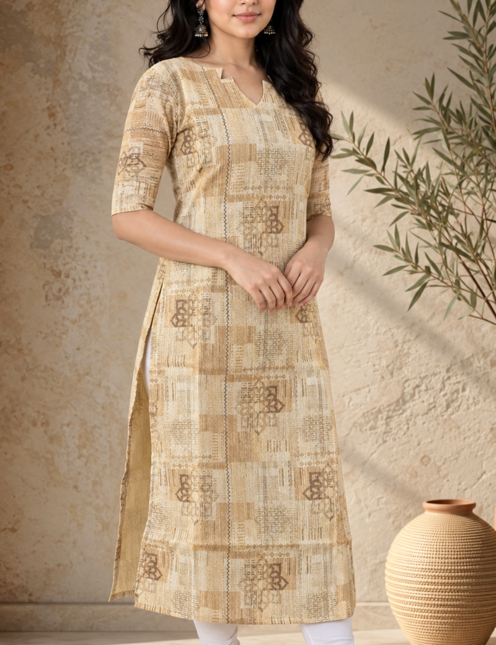 Beige & Brown Abstract Printed Straight Kurti