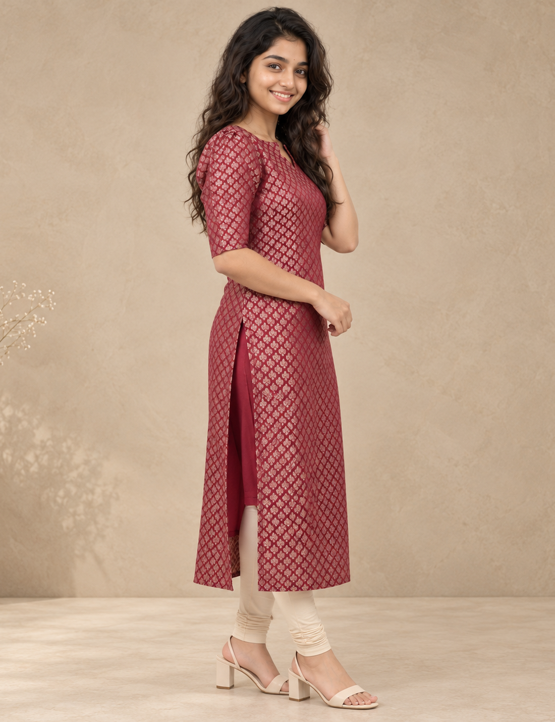 Maroon Gold Woven Pattern Straight Kurti – Elegant Ethnic Wear