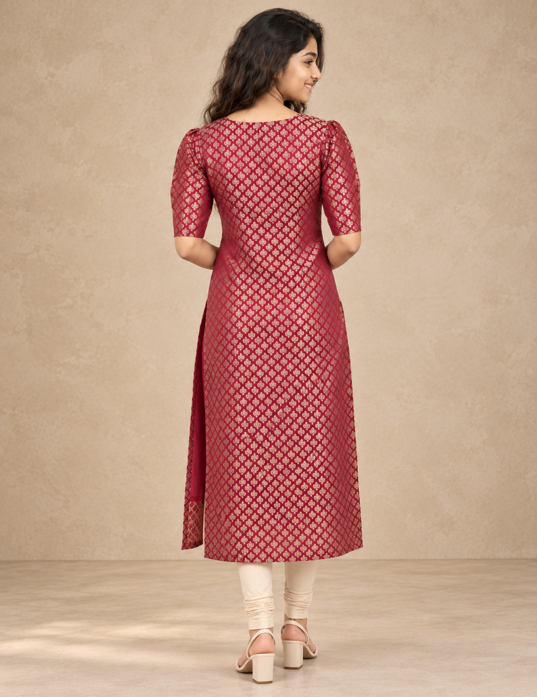 Maroon Gold Woven Pattern Straight Kurti – Elegant Ethnic Wear