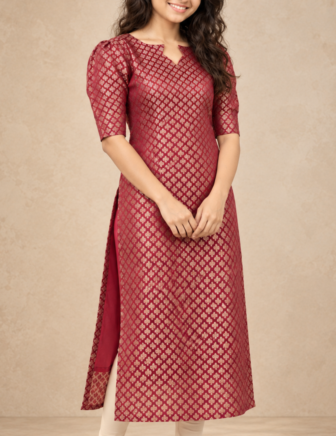 Maroon Gold Woven Pattern Straight Kurti – Elegant Ethnic Wear